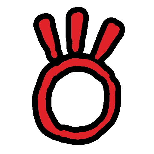 the sitelen pona glyph for the toki pona word 'toki,' which looks like three vertical lines above a circle, colored in red.